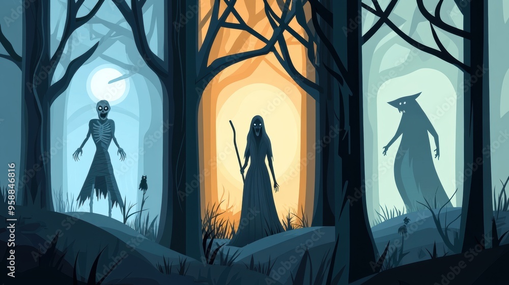 Poster a group of three different characters in a forest with trees, ai