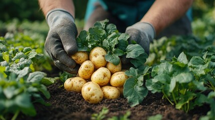farmer family harvesting potatoes in garden in summer
