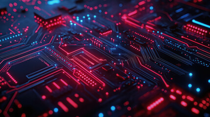Obraz premium Futuristic circuit board with glowing red and blue lights illustrating advanced technology