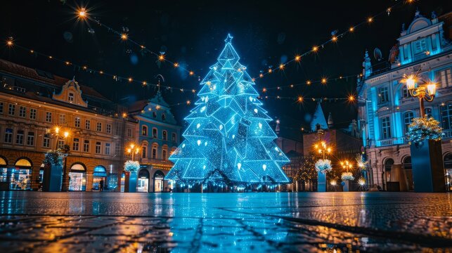 Glowing ice sapphire Christmas tree on the city square. Christmas and New Year celebration concept.
