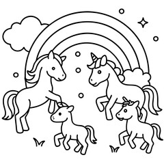 Unicorn family playing in a field of rainbows,