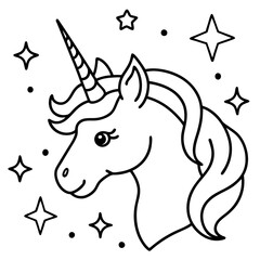 Unicorn with a sparkling horn surrounded by stars and rainbows