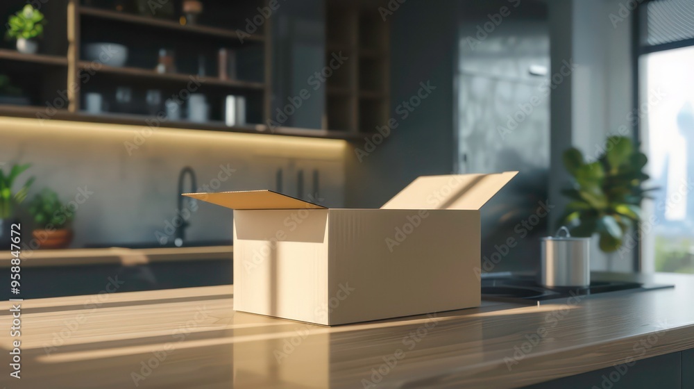 Poster an open cardboard box sits on a kitchen counter with sunlight streaming through the window.