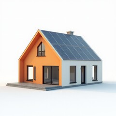 3D house with solar panels on the roof on a white background