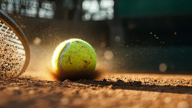 Tennis player hitting ball with racket making clay explode