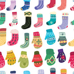 Colorful christmas sock and mitten seamless pattern background.
