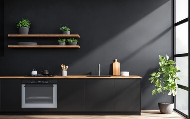 Luxury kitchen with matte black cabinets, wooden shelves, and stainless steel appliances, open layout with sunlight streaming in