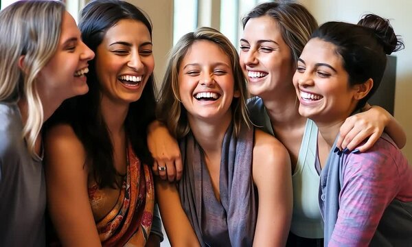 Friends, dressed in activewear, share a genuine moment of joy and connection, their laughter echoing the energy and spirit of friendship and togetherness.  