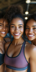 Fototapeta premium Smiling Athletic Women in Sportswear at the Gym Embracing Positive Energy