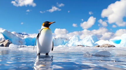 Obraz premium A majestic penguin stands on icy terrain under a bright blue sky, showcasing the beauty of nature in a serene polar environment.