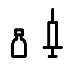 A simple black-and-white icon showing a bottle and a syringe, representing medical or healthcare tools.