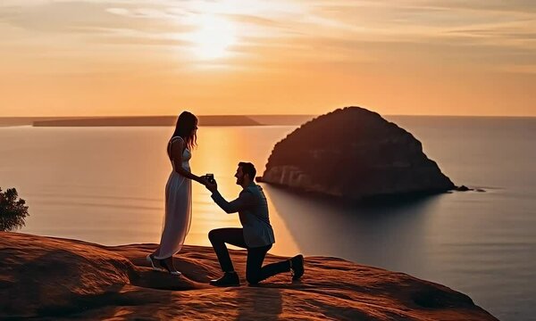 Sunset Proposal on the Cliffside: A romantic silhouette of a couple, the man on one knee, against a breathtaking sunset overlooking the ocean. The perfect footage to capture the essence of love