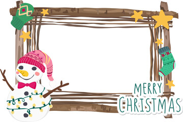 Christmas frame with snowman illustration on transparent background.
