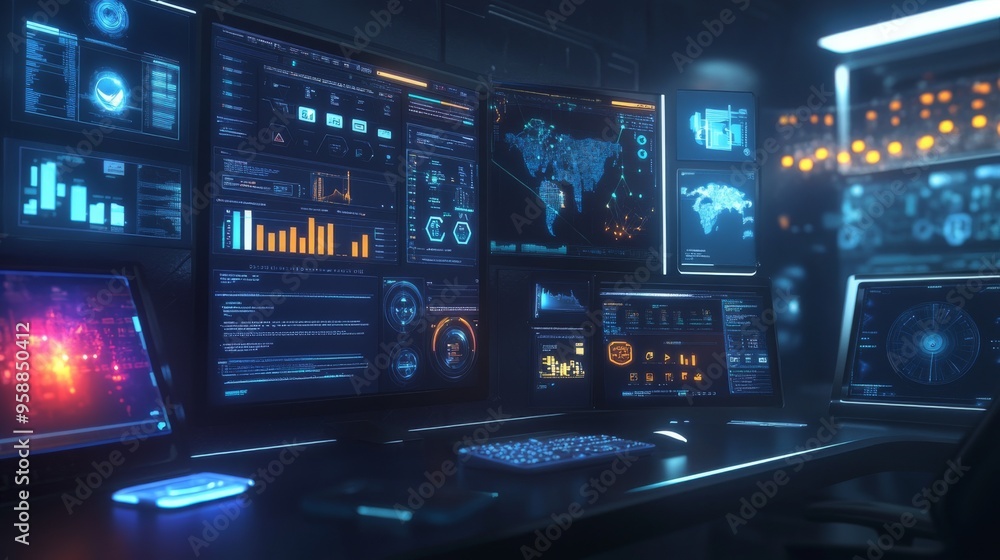 Poster futuristic cyber security workstation with multiple monitors.