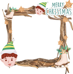Christmas frame with elf illustration on transparent background.
