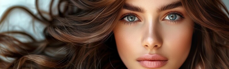 Obraz premium Woman with long hair and blue eyes posing, portrait, banner, copy space