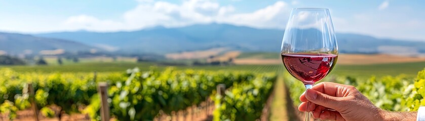 A hand holding a glass of red wine with a picturesque vineyard and mountain landscape in the background, perfect for wine enthusiasts.