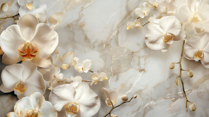 A serene arrangement of white orchids set against a luxurious marble backdrop. Ideal for themes of elegance, beauty, and tranquility