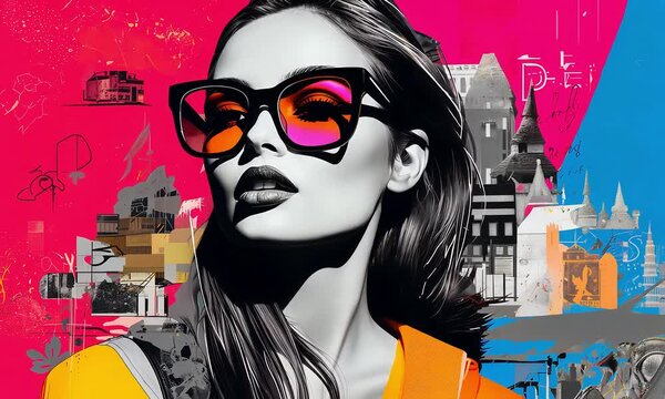 Urban Chic: A modern woman with a bold gaze, framed by oversized sunglasses, stands against a vibrant, abstract cityscape. Her confident presence exudes style and individuality in a pop art aesthetic.