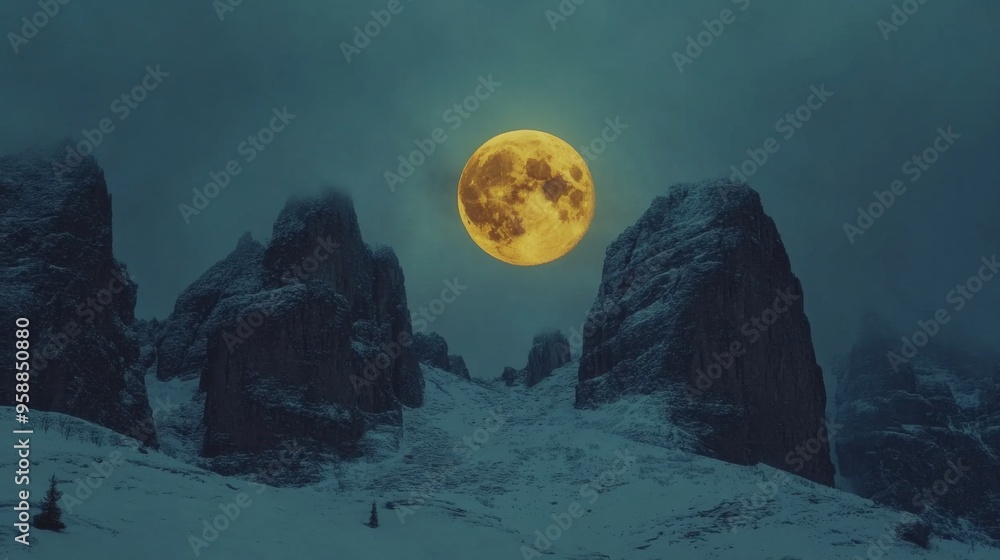 Wall mural Majestic Winter Night with Full Moon Over Snowy Mountains