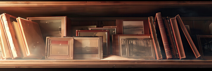 The Forgotten Photo Album: Dusty photo albums gathering dust on a shelf, their memories fading with time.
