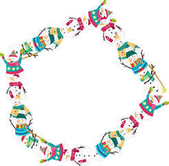 Christmas snowman circle frame illustration on transparent background.
