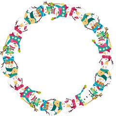 Christmas snowman circle frame illustration on transparent background.
