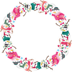 Christmas snowman circle frame illustration on transparent background.

