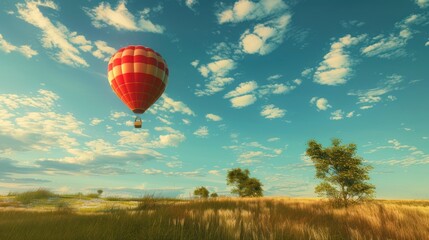 Fototapeta premium Hot Air Balloon Soaring Through a Sunny Sky