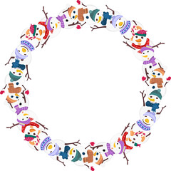 Christmas snowman circle frame illustration on transparent background.
