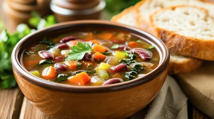 bowl of hearty vegetable soup with carrots, celery, beans, and spinach, served with whole grain bread on the side.
