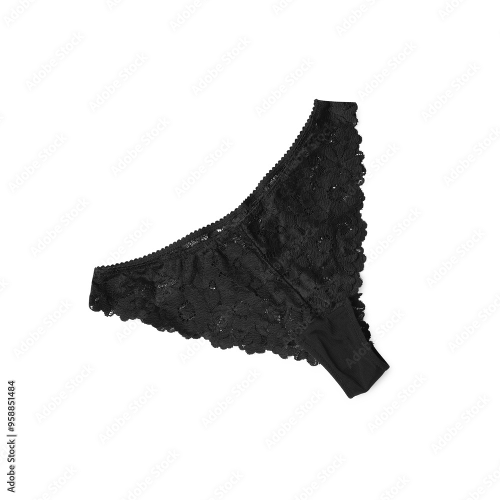 Wall mural Elegant black lace women's panties isolated on white, top view