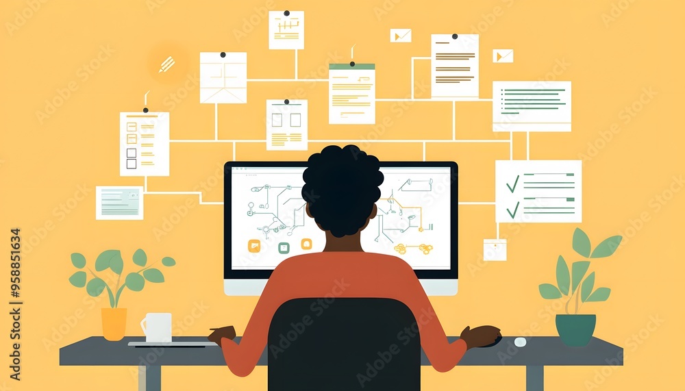 Poster woman working on computer with a flowchart on the screen