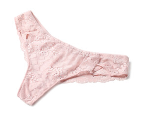Elegant pink lace women's panties isolated on white
