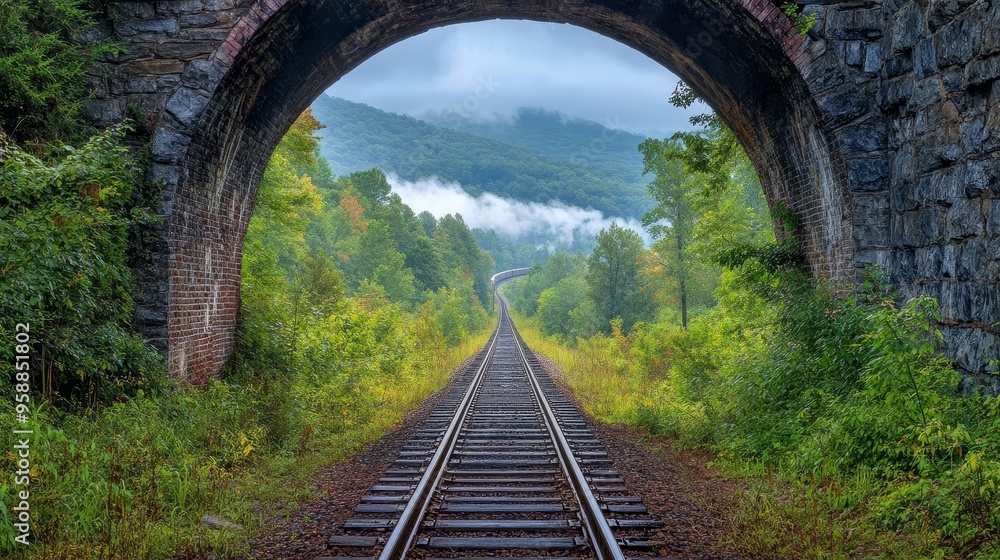 Poster dynamic view of a railway track inside a tunnel with an approaching train from afar, capturing the d