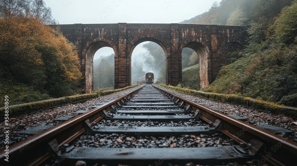 Poster dynamic view of a railway track inside a tunnel with an approaching train from afar, capturing the d