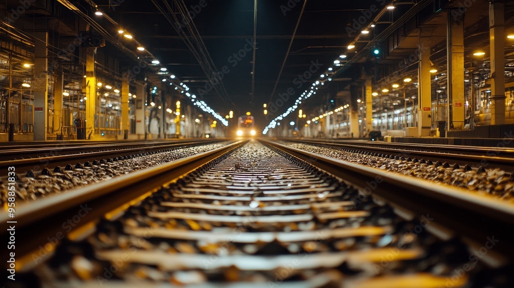 Poster dynamic view of a railway track inside a tunnel with an approaching train from afar, capturing the d