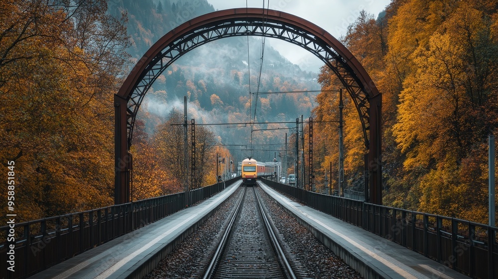 Poster dynamic view of a railway track inside a tunnel with an approaching train from afar, capturing the d