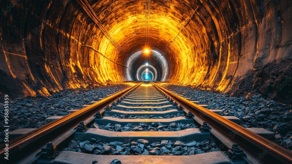 Poster dynamic view of a railway track inside a tunnel with an approaching train from afar, capturing the d
