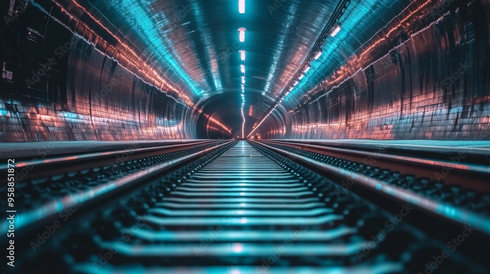 Poster dynamic view of a railway track inside a tunnel with an approaching train from afar, capturing the d