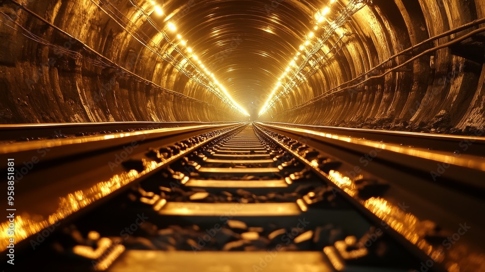 Poster dynamic view of a railway track inside a tunnel with an approaching train from afar, capturing the d