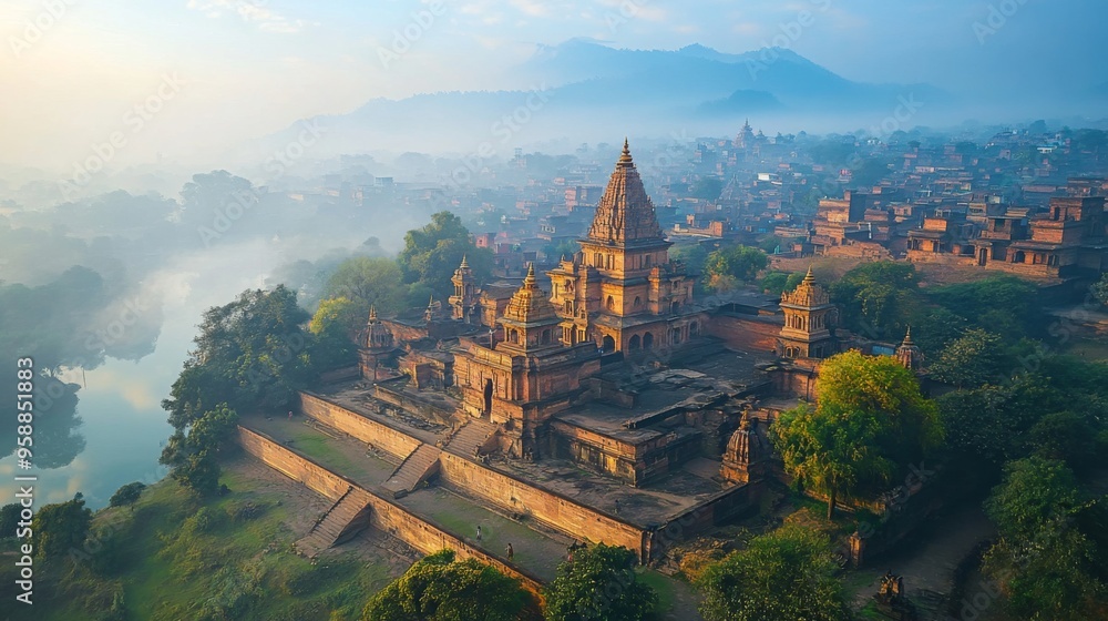 Wall mural ancient temple in morning fog