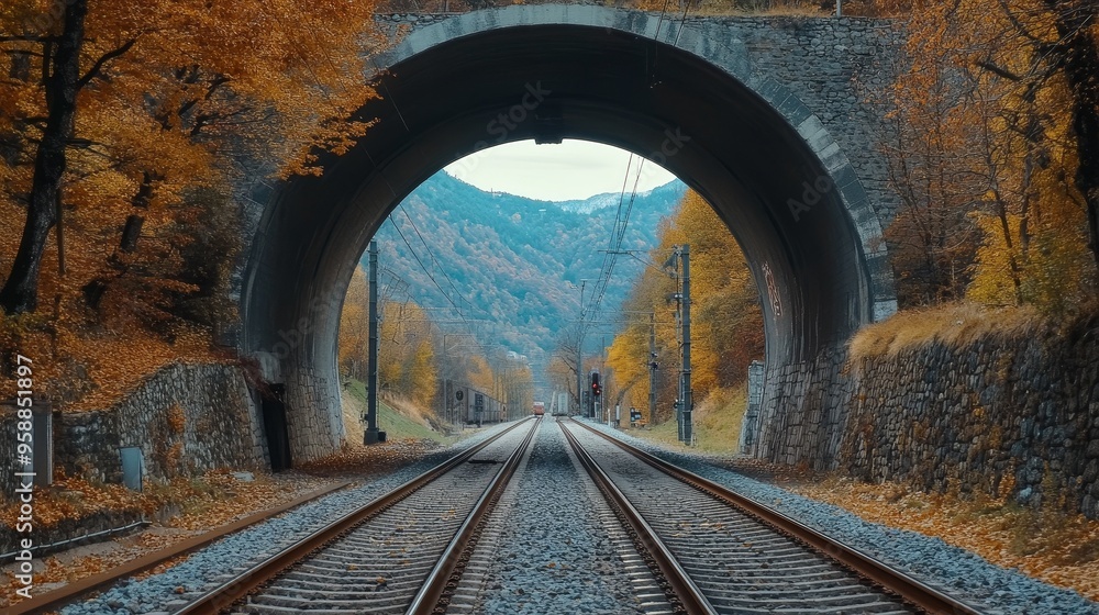 Poster dynamic view of a railway track inside a tunnel with an approaching train from afar, capturing the d