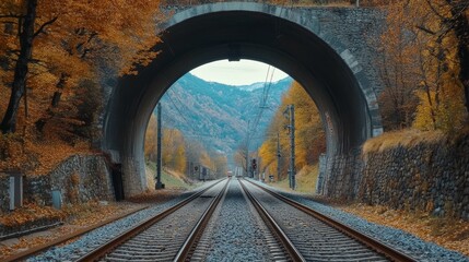 Dynamic View of a Railway Track Inside a Tunnel with an Approaching Train from Afar, Capturing the Depth, Motion, and Atmospheric Lighting in a Dark Underground Passage.