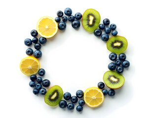 a circular arrangement of blueberries, kiwi, and lemons for diabetic diet food on a white background