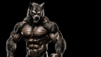 Fototapeta premium Powerful Werewolf Standing in Menacing Pose Against Dark Background - Digital Illustration with Realistic, Superhuman Muscular Details and Intense Expression. Generative AI