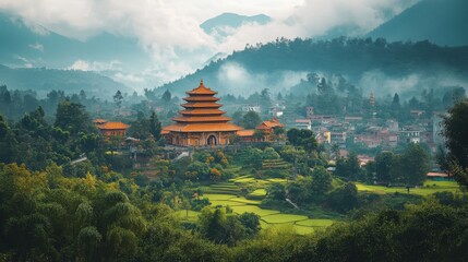 Obraz premium Serene Mountain Village with Traditional Architecture