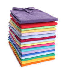Stack of clean colorful t-shirts isolated on white