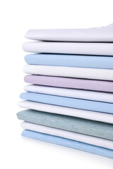 Stack of clean colorful t-shirts isolated on white