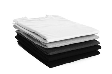 Stack of clean colorful t-shirts isolated on white